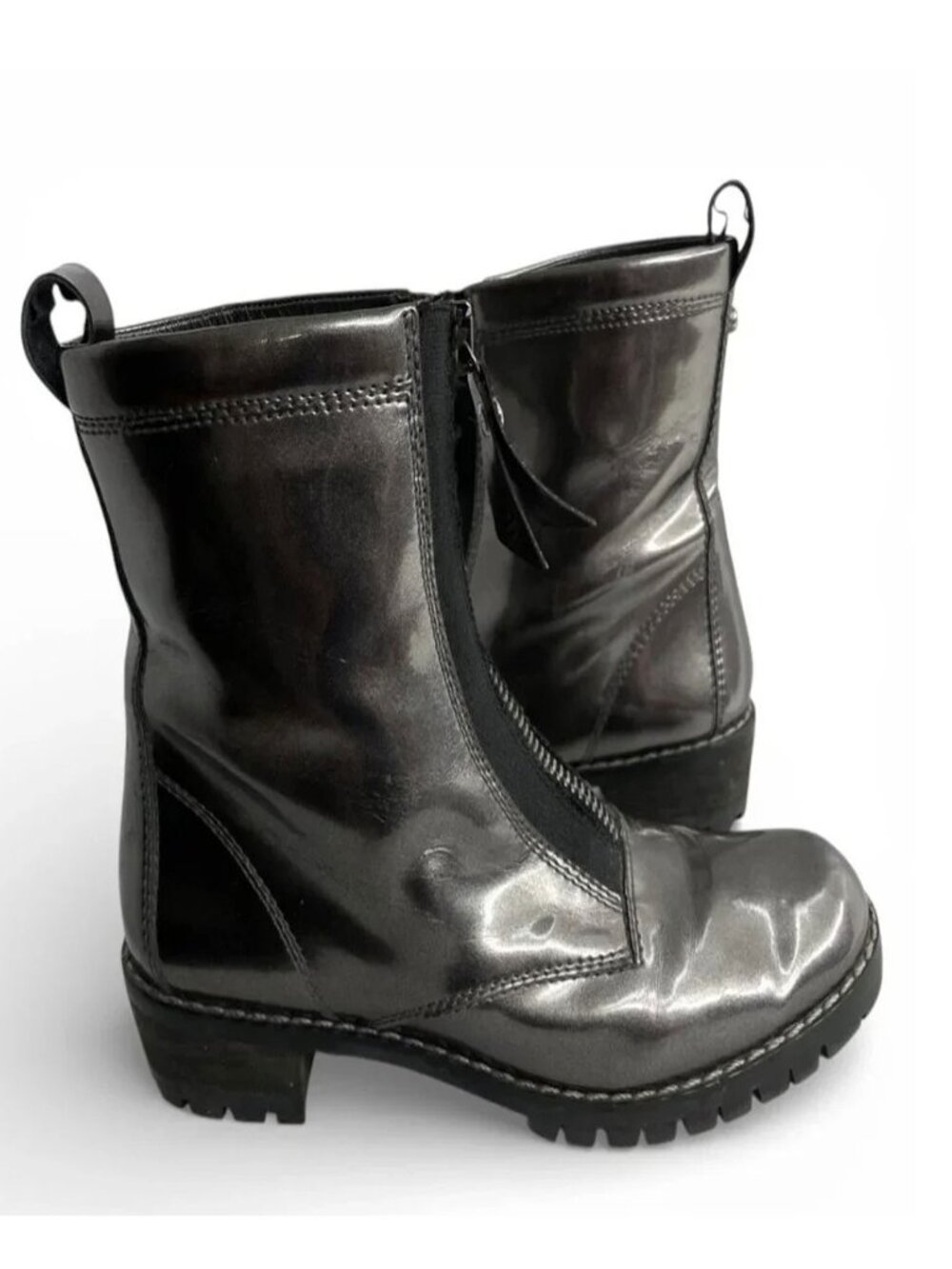 Stuart Weitzman Metallic Pewter Shearling Lined Combat Zip Boots Women’s 7.5